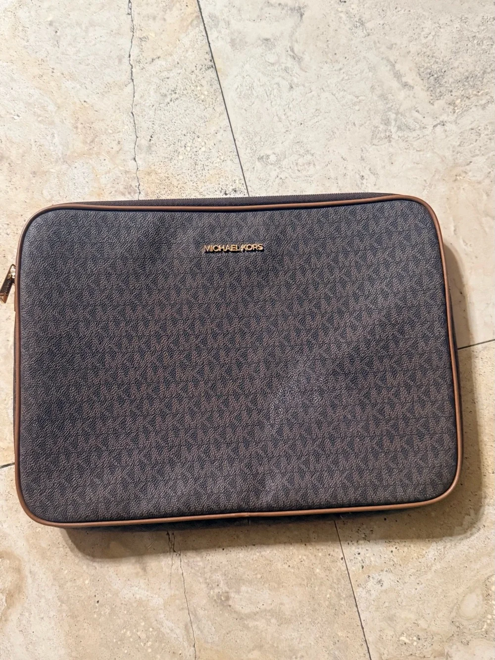 Michael Kors Brown Monogram Laptop Case with Gold Logo